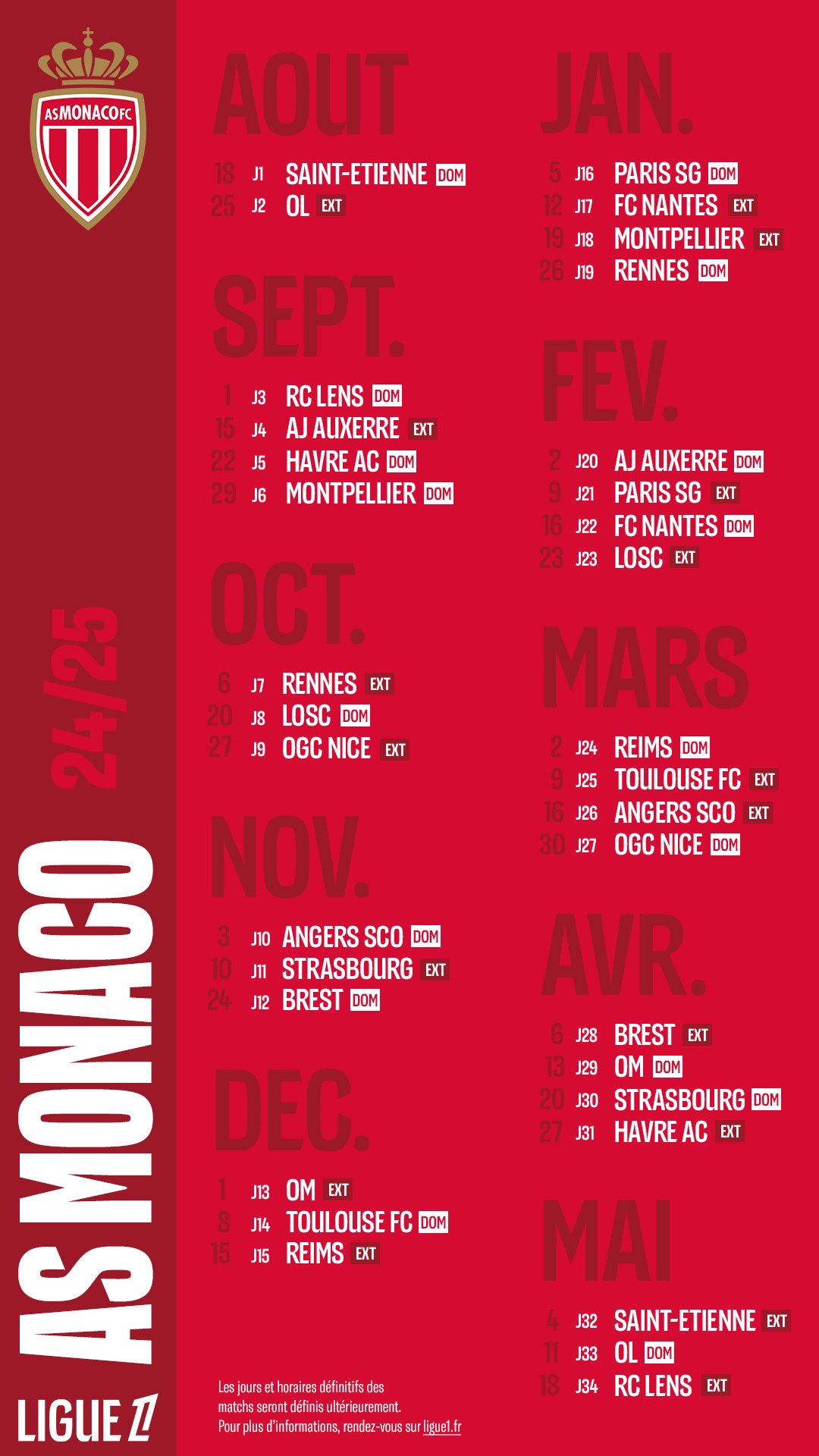 Calendier de l'AS Monaco pour la Ligue 1 2024-25