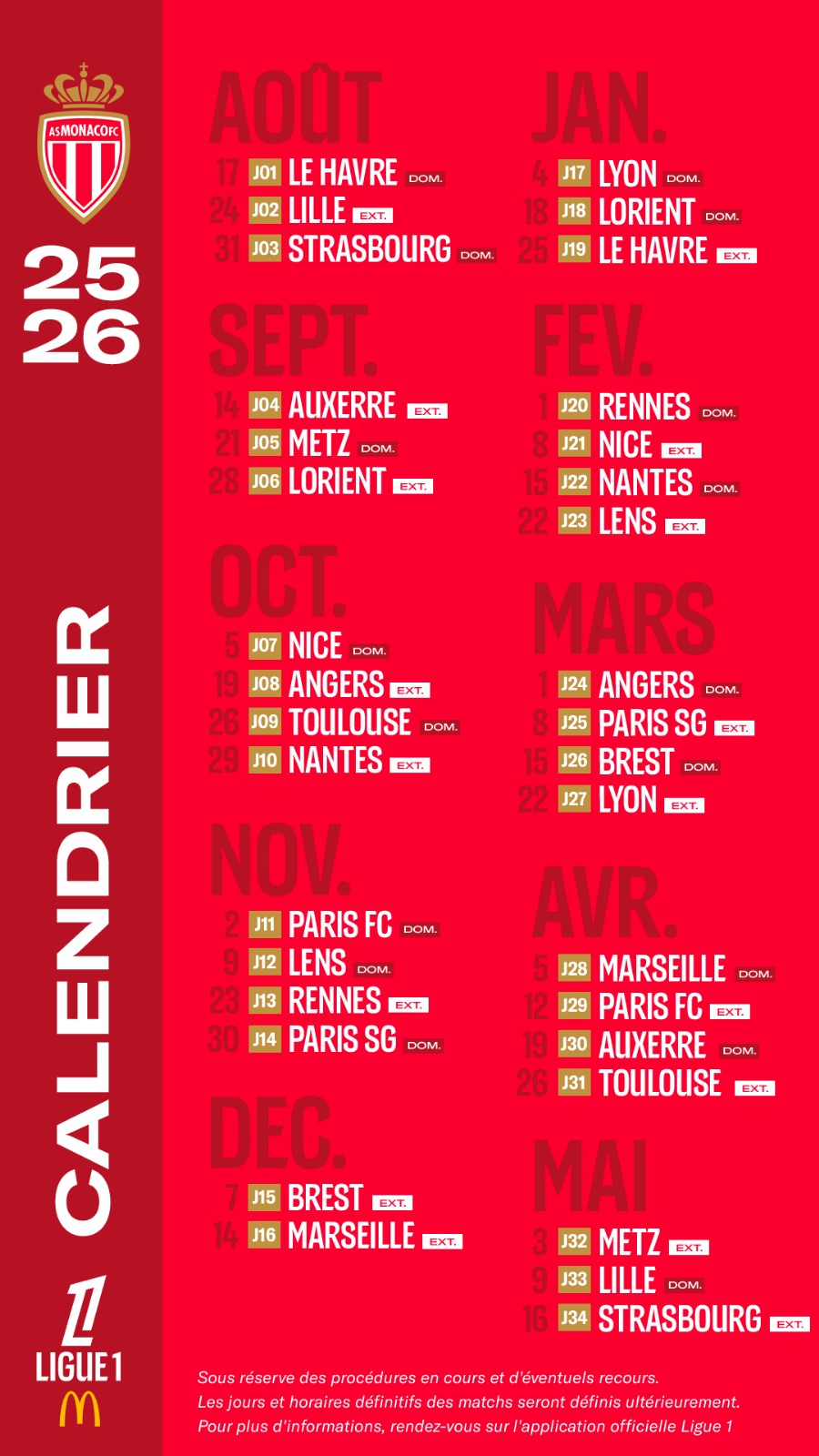 Calendier de l'AS Monaco pour la Ligue 1 2025-26