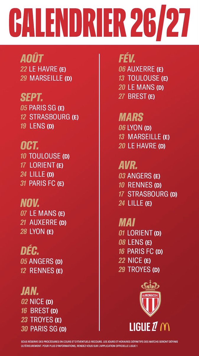 Calendier de l'AS Monaco pour la Ligue 1 2026-27